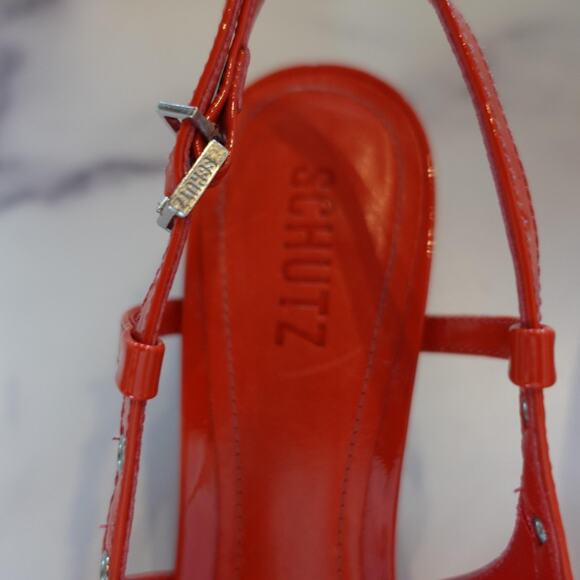 Schutz Womens Ruth Mid Pump Size 8 Red Patent Slingback Kitten Heel Pointed Toe - Picture 9 of 10